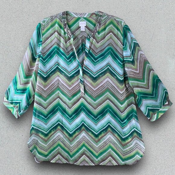 Chico's Tunic Blouse Watercolor Chevron Lorelai II Top with Sequins Womens Size - Picture 7 of 15